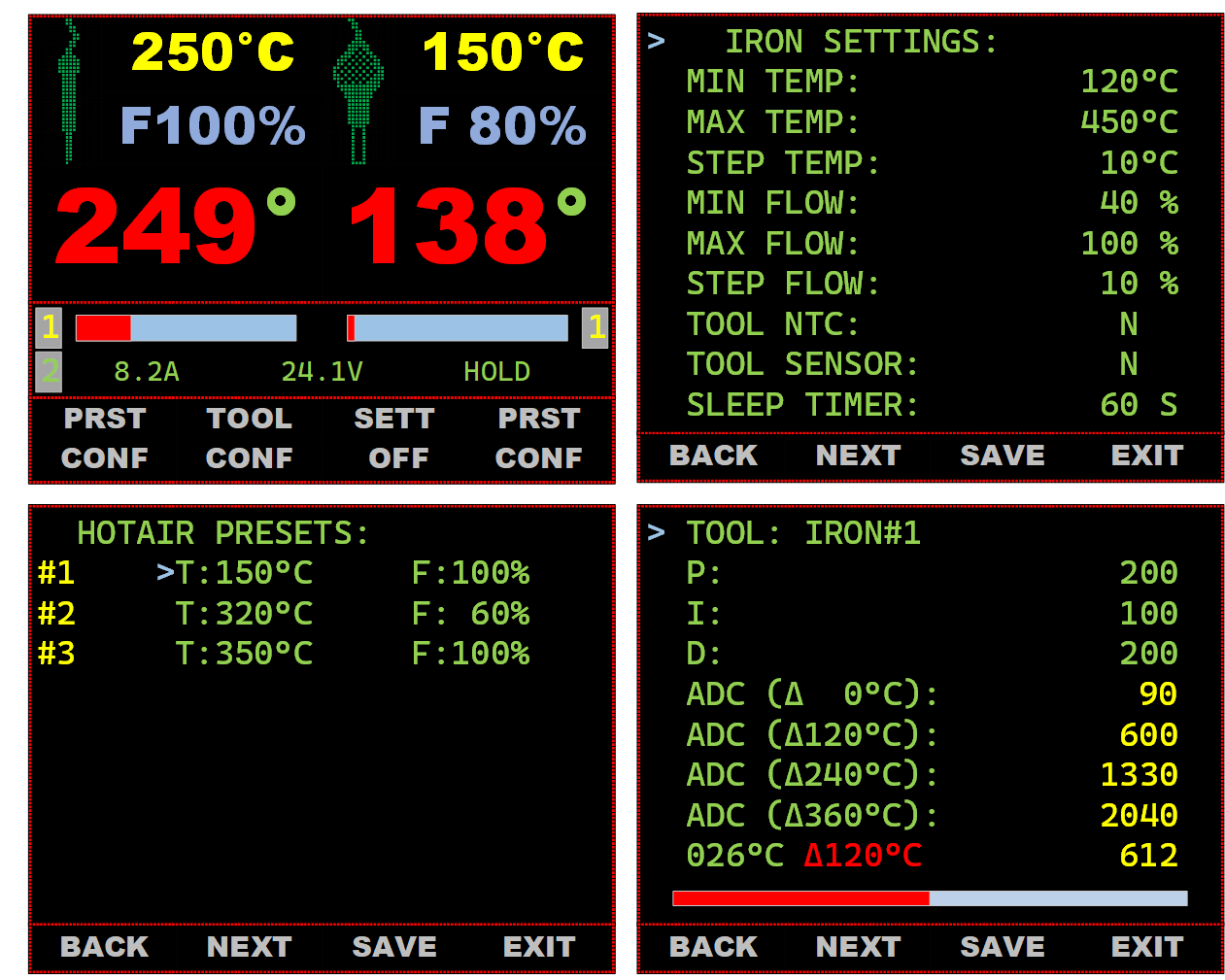 Так выглядит основное меню и некоторые из страниц настроек