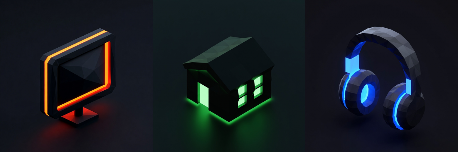 monitor-orange / house-green / headphones-blue