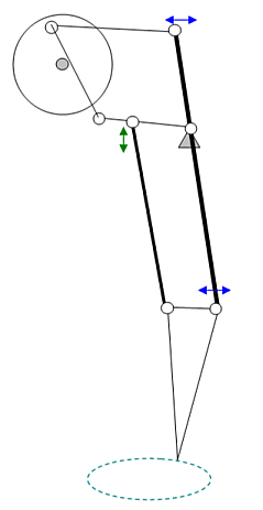 Кинематическая схема получения траектории ходьбы двумя суставами из вращательного движения Кинематическая схема получения траектории ходьбы двумя суставами из вращательного движения