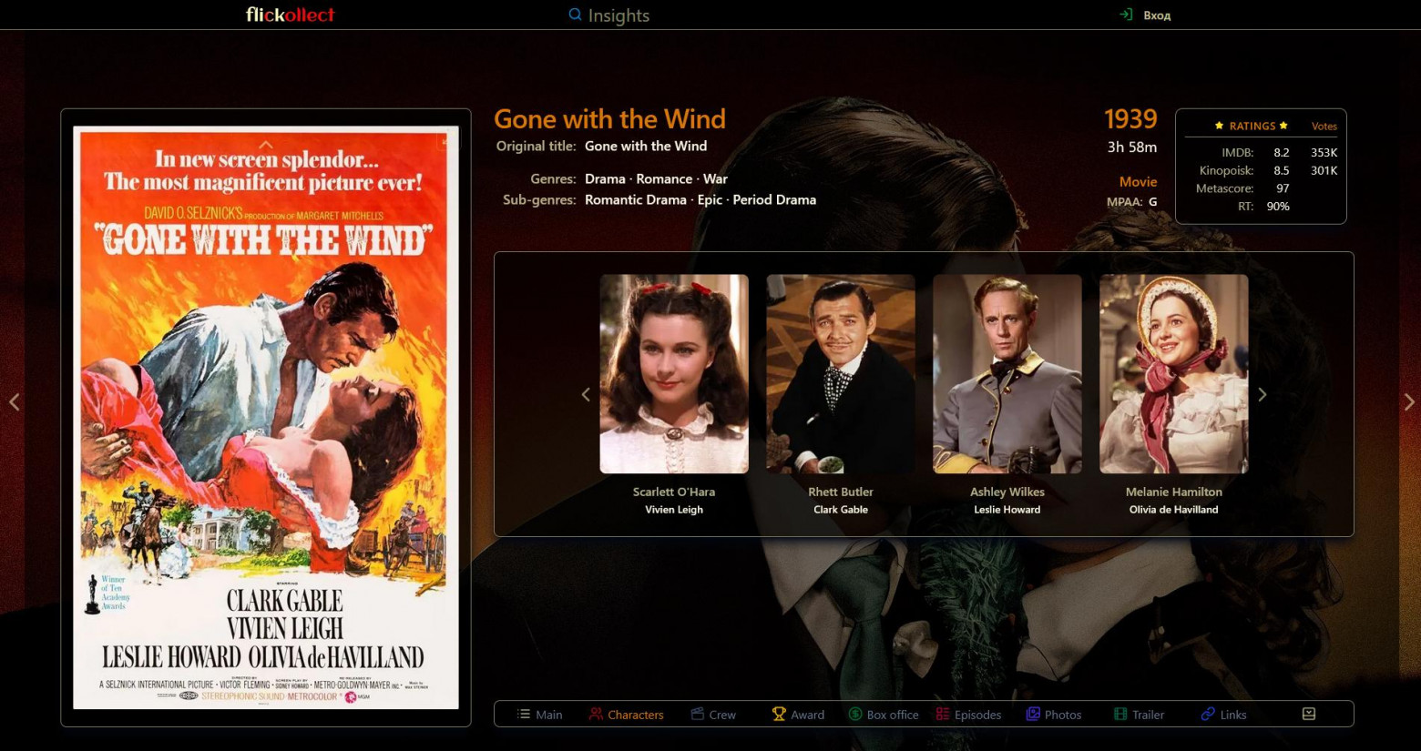 Страница фильма – галерея персонажей.