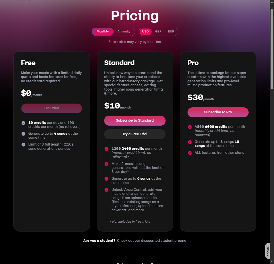 Планы подписки Udio. За месяц.