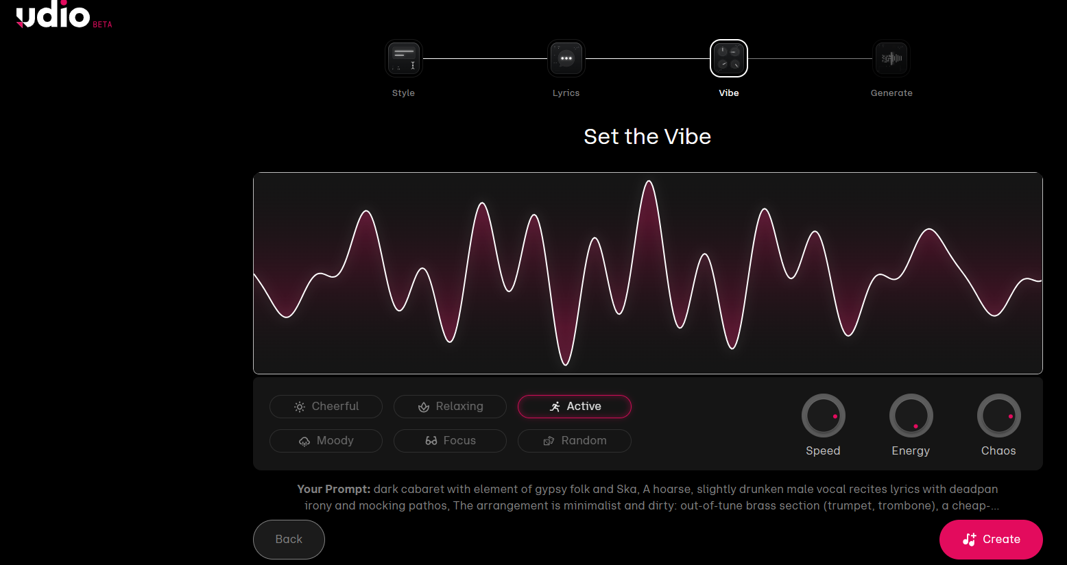 Udio AI. Шаг 3 в генерации песни - "Vibe". Кнопки и ручки в нижней части скриншота. Вид экрана до первой авторизации