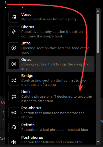 Жми "/" окне текста для того чтобы быстро назвать раздел песни