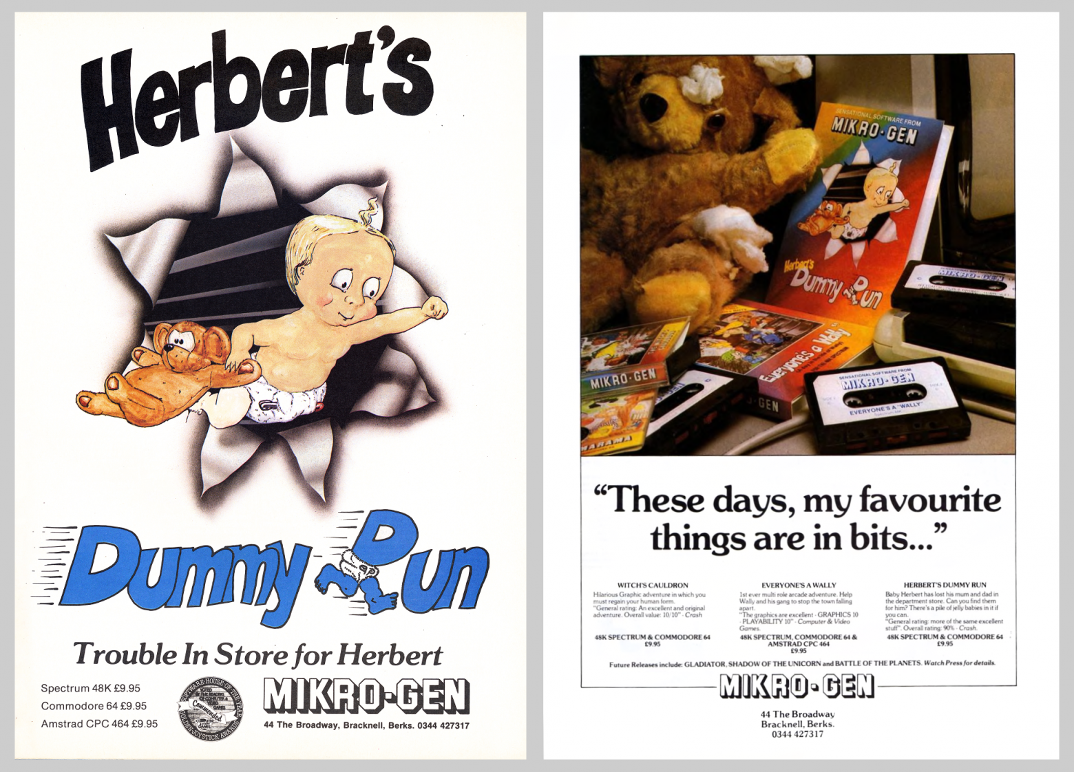 Две рекламы Herbert's Dummy Run: в журнале Crash и Home Computing Weekly