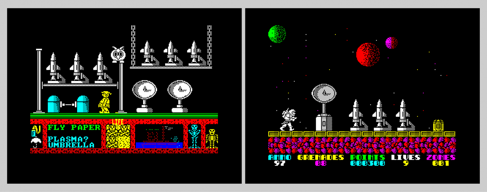 Слева — версия Three Weeks in Paradise для ZX Spectrum 128K. Справа — Exolon