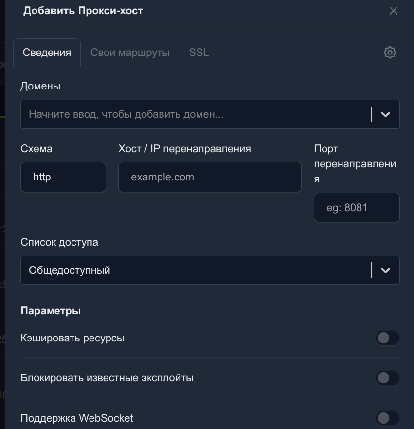 Форма добавления нового хоста в Nginx Proxy Manager