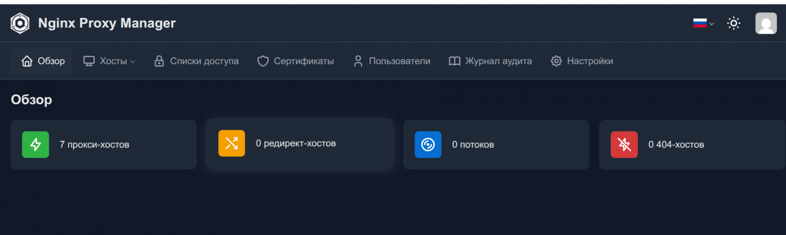 Интерфейс админки Nginx Proxy Manager