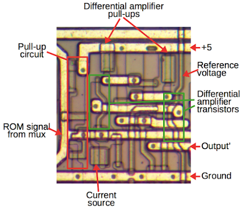 One of the comparators in the 8087. The chip contains 24 comparators to convert the voltage levels from the multi-level ROM into binary data.