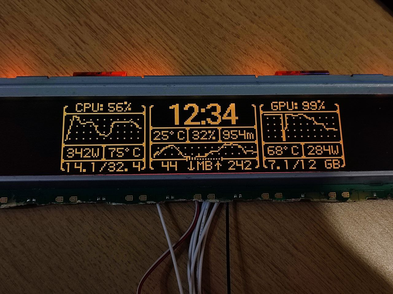 Немного ужатый интерфейс монитора ресурсов ПК с оранжевой подсветкой. Возможно когда-нибудь сделаю вторую версию этого монитора на этом дисплее, и выложу код в открытый доступ.