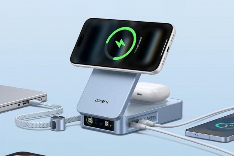 20 000 мА·ч, сразу две беспроводные зарядки, встроенный экран и плетеный кабель до 100 Вт. Представлено гибридное устройство Ugreen MagFlow 2-в-1 - 1 20 000 мА·ч, сразу две беспроводные зарядки, встроенный экран и плетеный кабель до 100 Вт. Представлено гибридное устройство Ugreen MagFlow 2-в-1