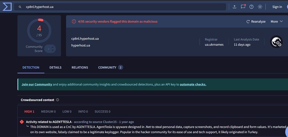 Проверка С2 домена на VirusTotal