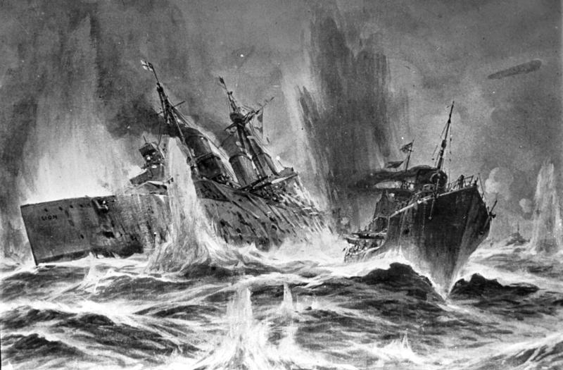 Несколько романтизированная атака немецкого эсминца V5 на британский линейный крейсер при Доггер-Банке на картине мариниста Вилли Штёвера. В правом верхнем углу виден цеппелин L-5