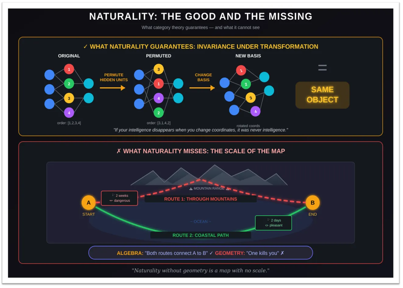 Рисунок 5. Натуральность - хорошее и недостающее Теория категорий гарантирует, что определённые конструкции инвариантны относительно преобразования: переставьте скрытые юниты, смените базис, репараметризуйте веса - тот же объект. Если ваш интеллект исчезает, когда вы меняете координаты, это никогда не было интеллектом. Это действительно ценно. Но натуральность без геометрии - это карта без масштаба. Алгебра говорит вам, что оба маршрута соединяют A и B. Геометрия говорит, что один занимает два дня вдоль побережья, а другой - две недели через смертельные горные перевалы. Та же точка назначения. Очень разное путешествие. Очень разная выживаемость.