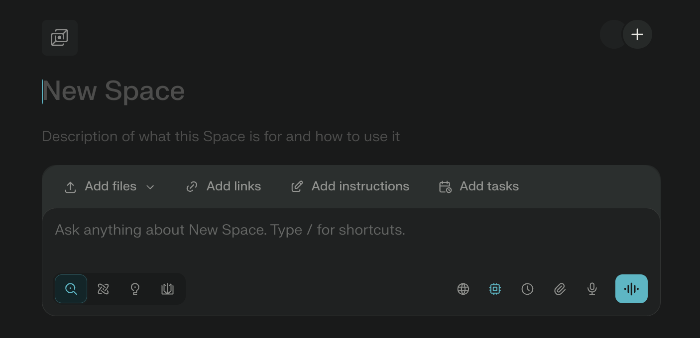 Интерфейс создания нового пространства (Space) в Perplexity