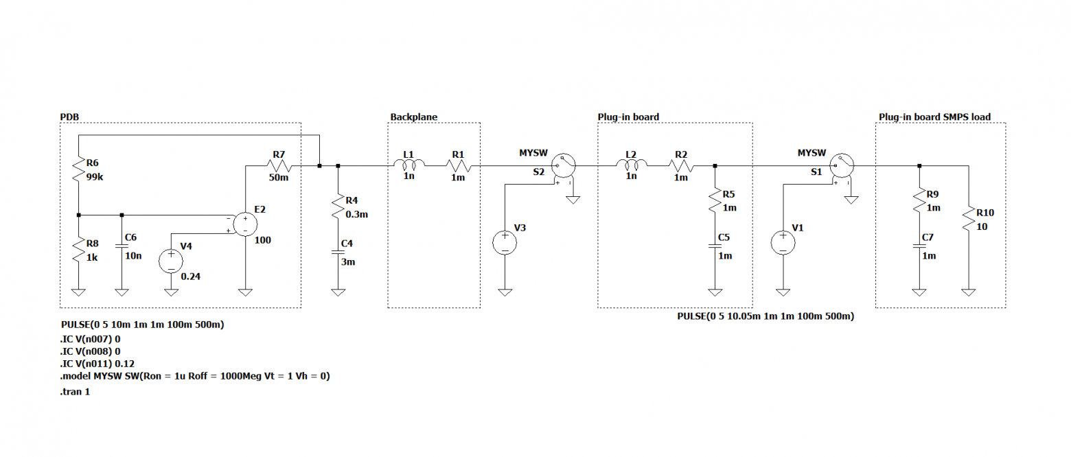 Схема с учетом источника питания на вставляемой плате и паразитными параметрами