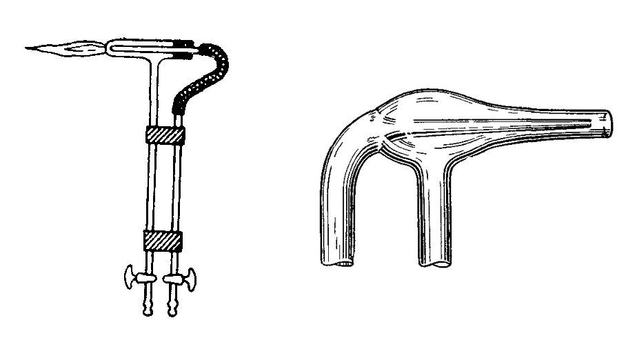 Рис. 1.9. Горелки традиционно делали из латуни (хорошо паяется, легко обрабатывается, сравнительно мало расширяется при нагреве), хотя простейшая конструкция двухкрановой пушки позволяла использовать и подножные материалы — для стеклодува это понятно, стекло. Причём сменный одуванчик мог представлять собой простой обрезок такой же стеклянной трубки, обёрнутый бумажной полоской и вставленный в конец трубки воздушной
