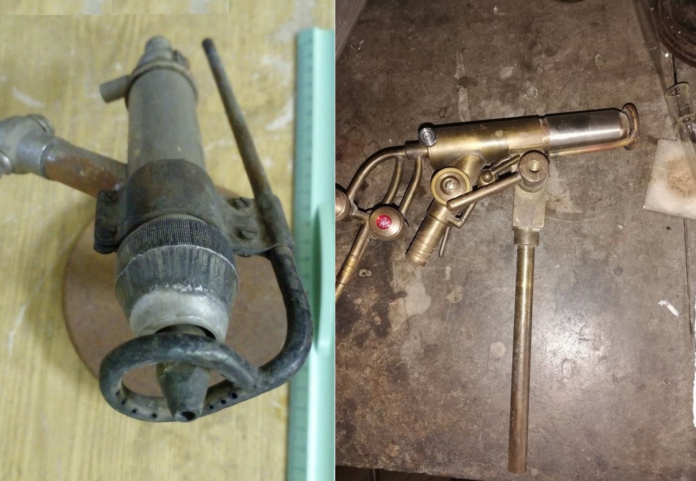Фото 1.12. Вот как мог выглядеть в металле помянутый дополнительный внешний душ для газа. На фото справа пушка более сложная и выполненная тщательней и аккуратней, без обычной плоской подставки-подошвы — вероятно, станочный вариант или для работы стоя. У двухкрановой горелки слева положение частей неестественное — воздушная трубка и кольцо внешнего газа слишком сильно выдвинуты