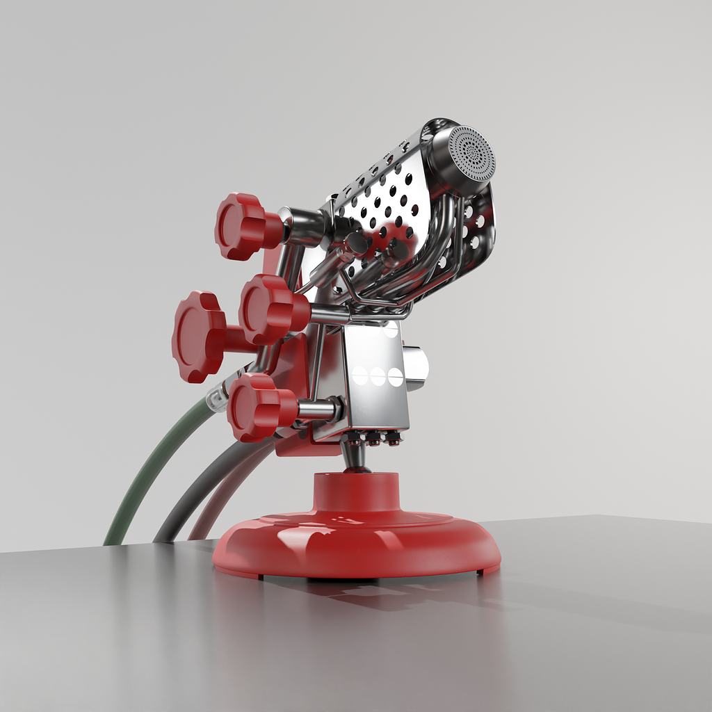 Фото 2.8. Считающаяся вершиной стеклодувной горелочной эволюции — современная настольная Zenit, диаметром 40 мм (есть вариант крупнее), немецкой компании Arnold [8]. Кроме прочих достоинств имеет крайне удобное, одним поворотом штурвальчика, переключение с большого факела на паяльную иглу, сложное распределение газов по рядам капилляров и тонкую начальную настройку всех режимов