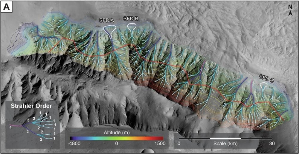 На этом изображении показаны притоки, выявленные на обращенном к северу мысе юго-восточного хребта Копратес. Порядок Штралера на врезке показывает иерархию размеров водотоков. Источник изображения: Argadestya et al. 2026