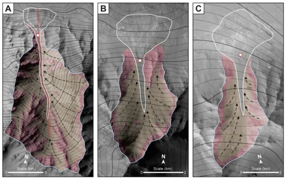 На этих изображениях показаны три отложения, образовавшиеся в результате схода склонов обрывов, в сегменте долины Маринерис на Марсе. Эти образования практически идентичны речным дельтам на Земле и дополняют растущее количество свидетельств того, что древний Марс был влажным и теплым, с жидкой водой, текущей по его поверхности. Источник изображения: Argadestya et al. 2026, NPJ Space Exploration/MOLA