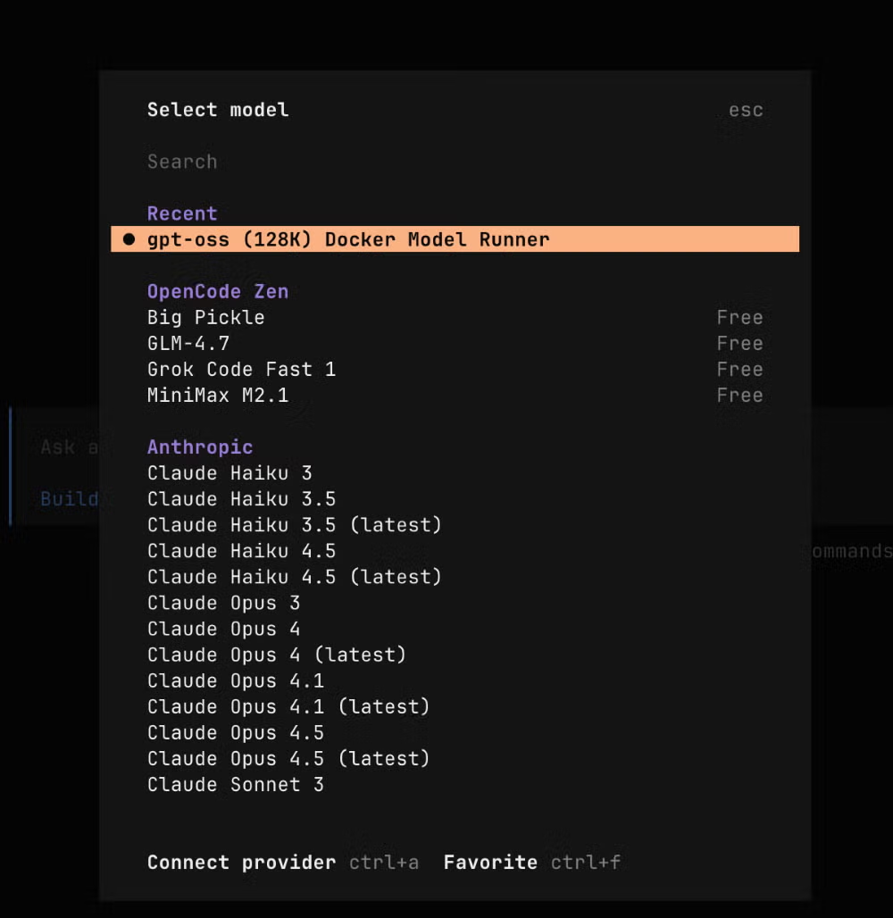Рисунок 3: выбор модели gpt-oss, работающей через Docker Model Runner, в OpenCode  