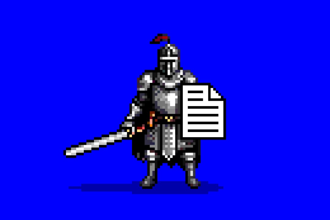 Тихая смерть robots.txt - 1 Pixel illustration of a knight holding a text file as a shield.