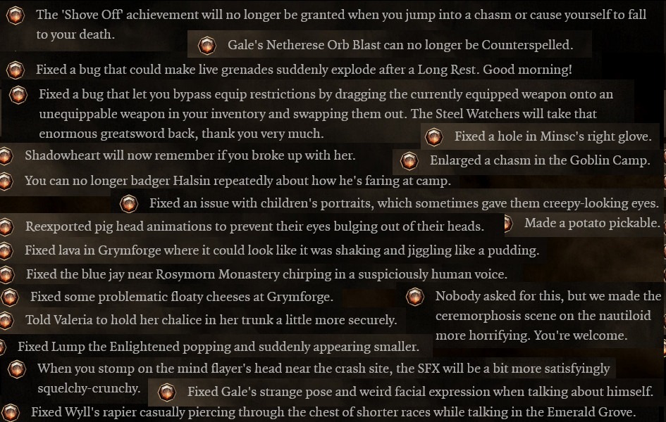 Нарезка потешных строк в списке исправлений Baldur’s Gate 3. Источник.