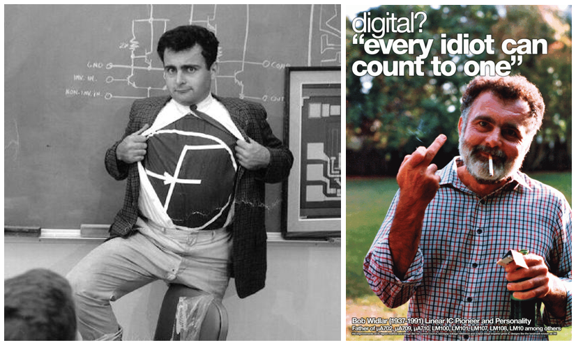 Роберт Видлар демонстрирует логотип компании Fairchild на своей майке... Ну и кое-что еще демонстрирует…