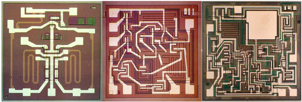На изображении топологии μA702, μA709 и μA741. Обратите внимание на большой полигон конденсатора частотной компенсации в μA741.