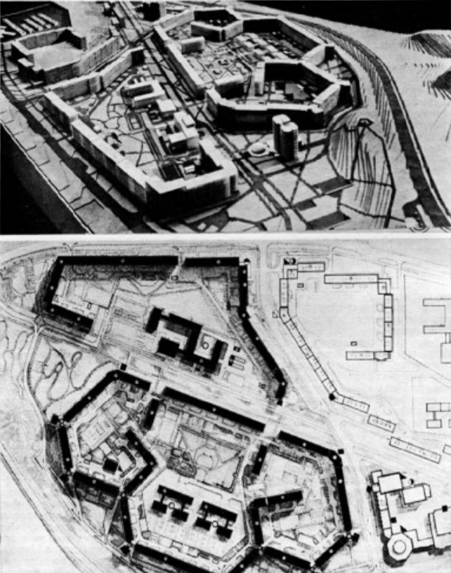 Фото макета микрорайона №305 и фрагмент Генплана. Интересно, что три отдельностоящих панельки как будто замыкают контуры сот. Дома через дорогу от "улья" тоже непростые