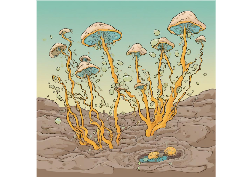 Рис. 1. Наиболее очевидными структурами, которые могли бы возникнуть из тонких нитей гигантских серных бактерий, были бы разновидности мицелия. Так что вероятность увидеть грибоподобные организмы в этом «гигантском серном мире» была бы довольно высока. Изображение создано MindTheGraph AI.