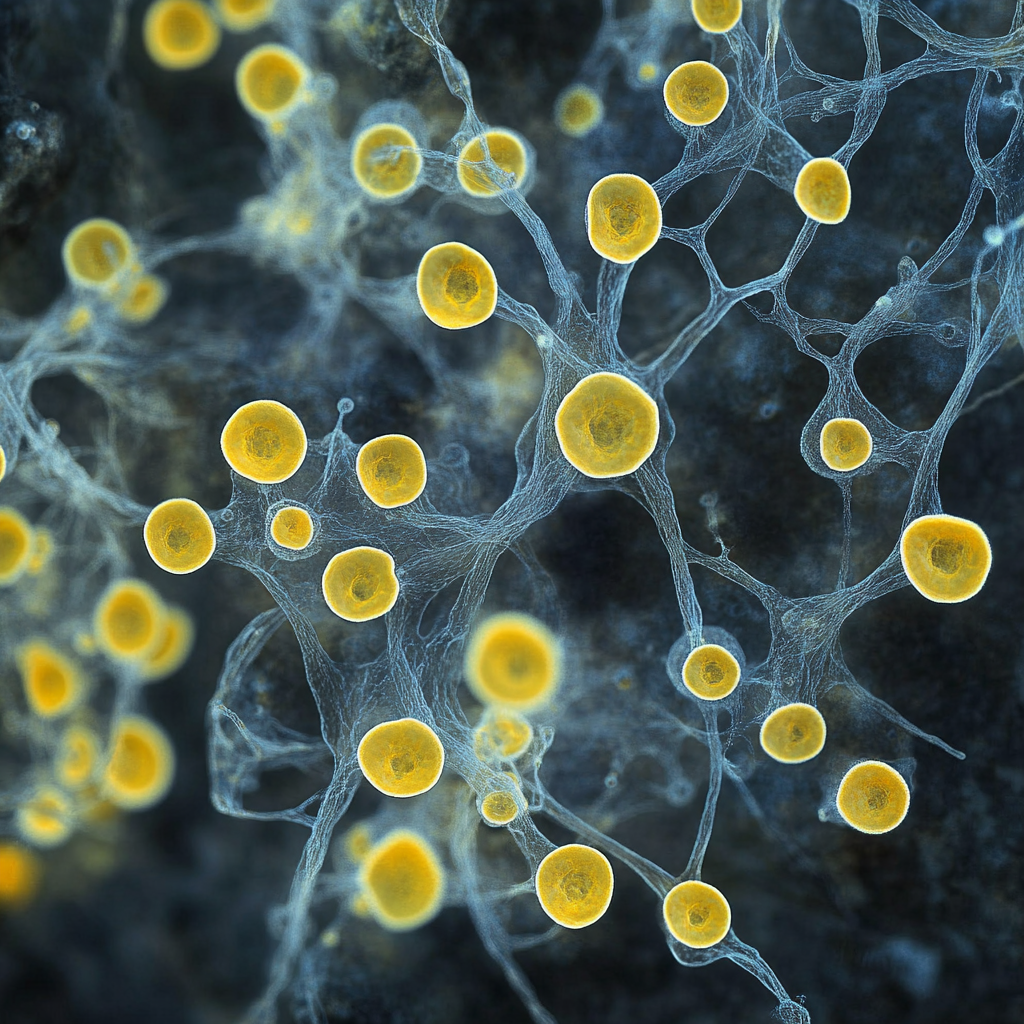 Гипотетические грибоподобные организмы в «гигантском серном мире». Изображение создано с помощью Midjourney