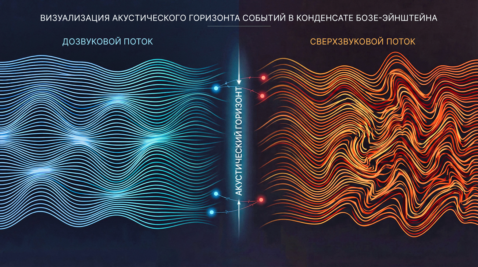  Визуализация акустического горизонта в БЭК: переход от дозвуковой (синие тона) к сверхзвуковой зоне (красные тона) с рождением пар Хокинга на границе  