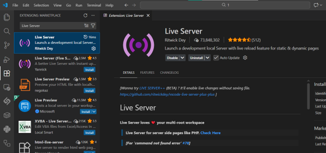 Рисунок 4 – Установка Live Server