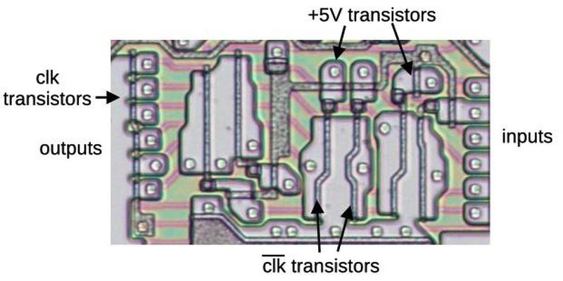 A close-up of the bootstrap drive circuits, in the left half of the LUT PLA.