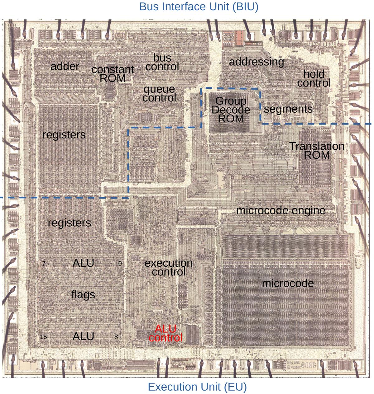 The die of the 8086 with the metal layer removed to show the silicon and polysilicon underneath. Click this image (or any other) for a larger version.