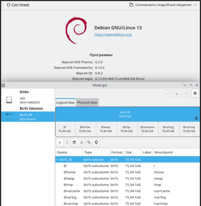  Debian 13 перенесенный на btrfs subvolume