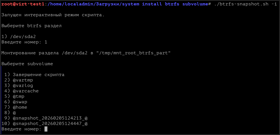 Интерактивный режим.Выбор раздела и выбор subvolume