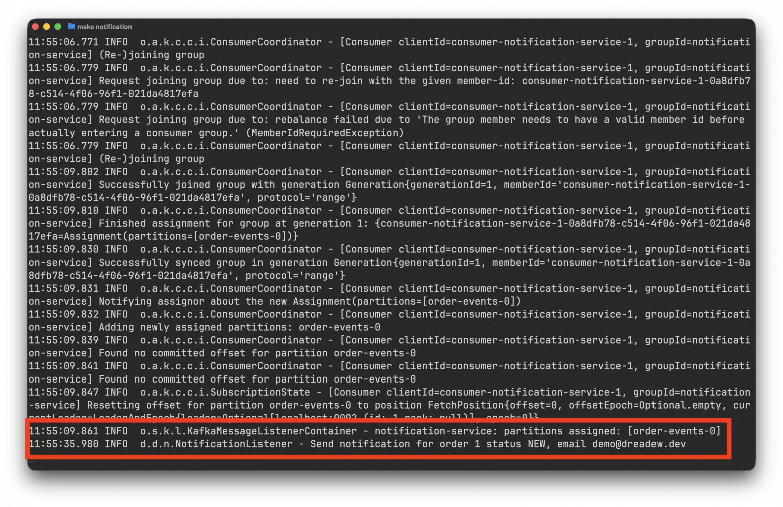 Логи в сервисе notification, событие о созданном заказе получено и обработано