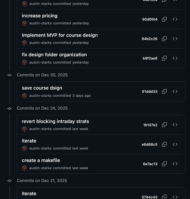 По истории Git видно, что я создал проектный документ («save course dsign») 30 декабря 2025 года