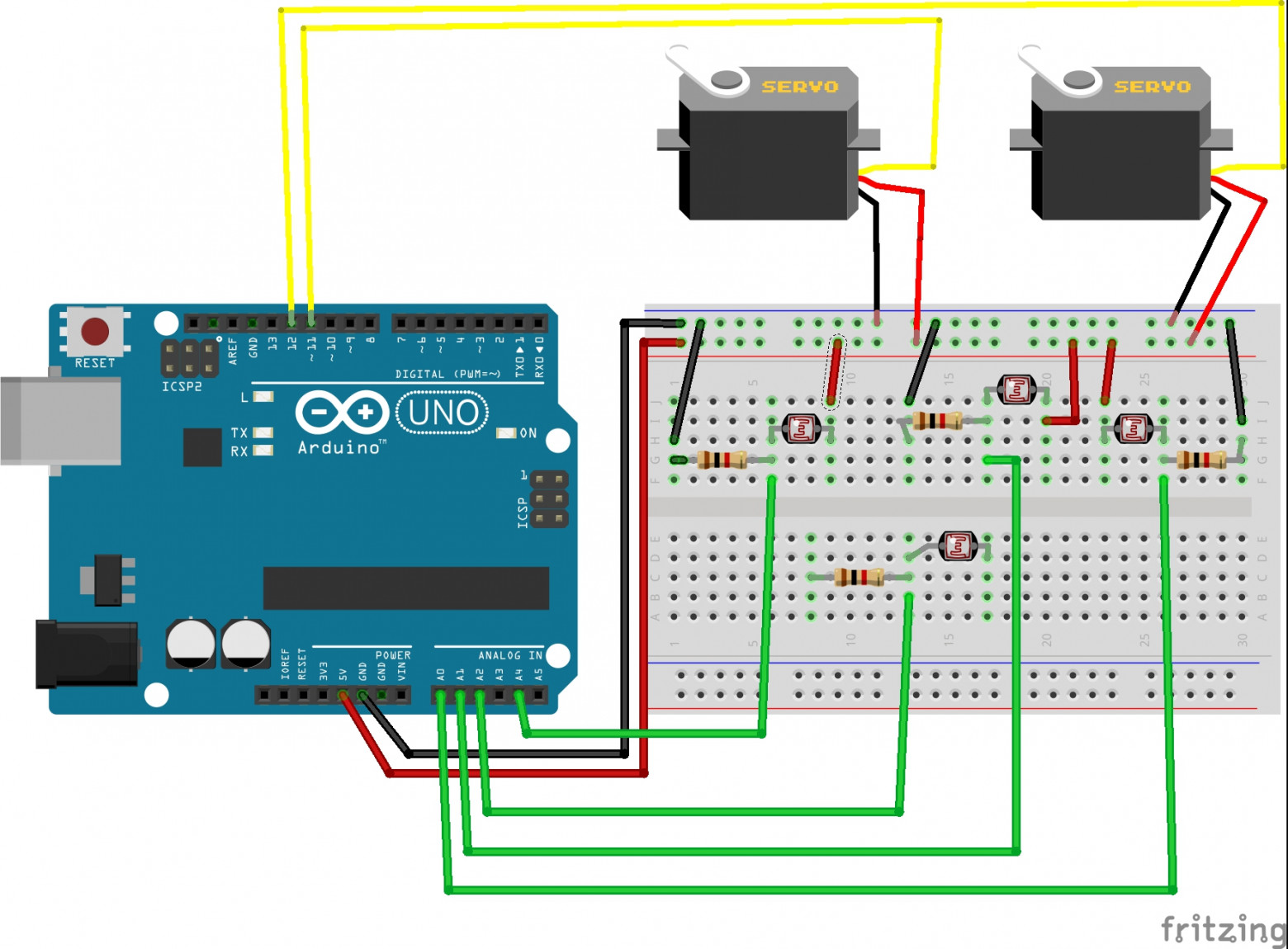 Схема подключения электрокомпонентов: сервоприводы, фоторезисторы, резисторы и плата arduino