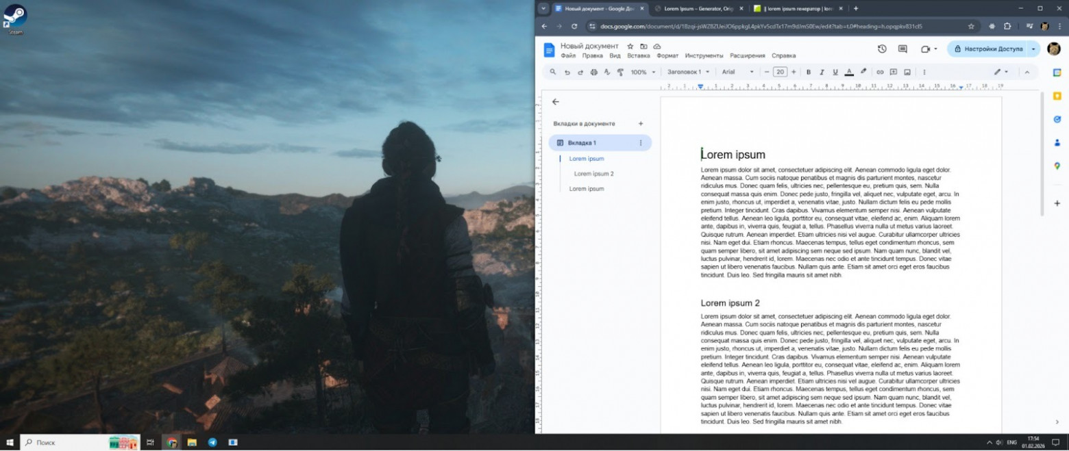 Монитор 2560x1080 — половина рабочего пространства вмещает страницу Google Docs и две боковых панели.