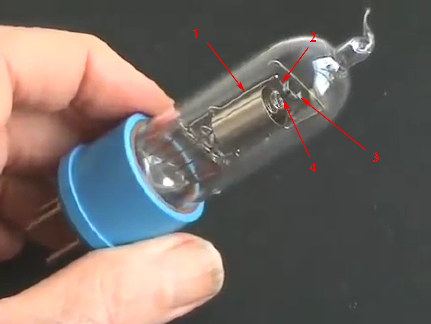 Фото 4.2. Устройство подпружиненной установки нити накала, где: 1 — Ni траверса; 2 — Mo пружина; 3 — Ni радиатор; 4 — W нить. Горизонтальная перекладина под сводом колбы — упор для автоматического центрирования электродной системы при заварке лампы