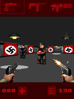 Свастику мы осуждаем, а вот авторов из NetSoftware хвалим за крутейший 2.5D-рейкастер, который шустро бегал даже на слабых телефонах и в отличии от оригинального Wolfenstein поддерживал стены под углом, а также объёмные «пропы».