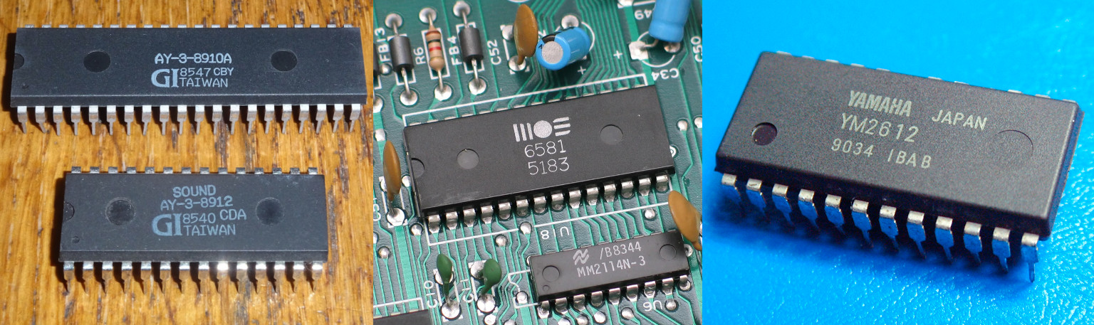 Звуковые чипы AY-3-8910, AY-3-8912, MOS 6581 SID и YM2612. Фото из Интернета Звуковые чипы AY-3-8910, AY-3-8912, MOS 6581 SID и YM2612. Фото из Интернета