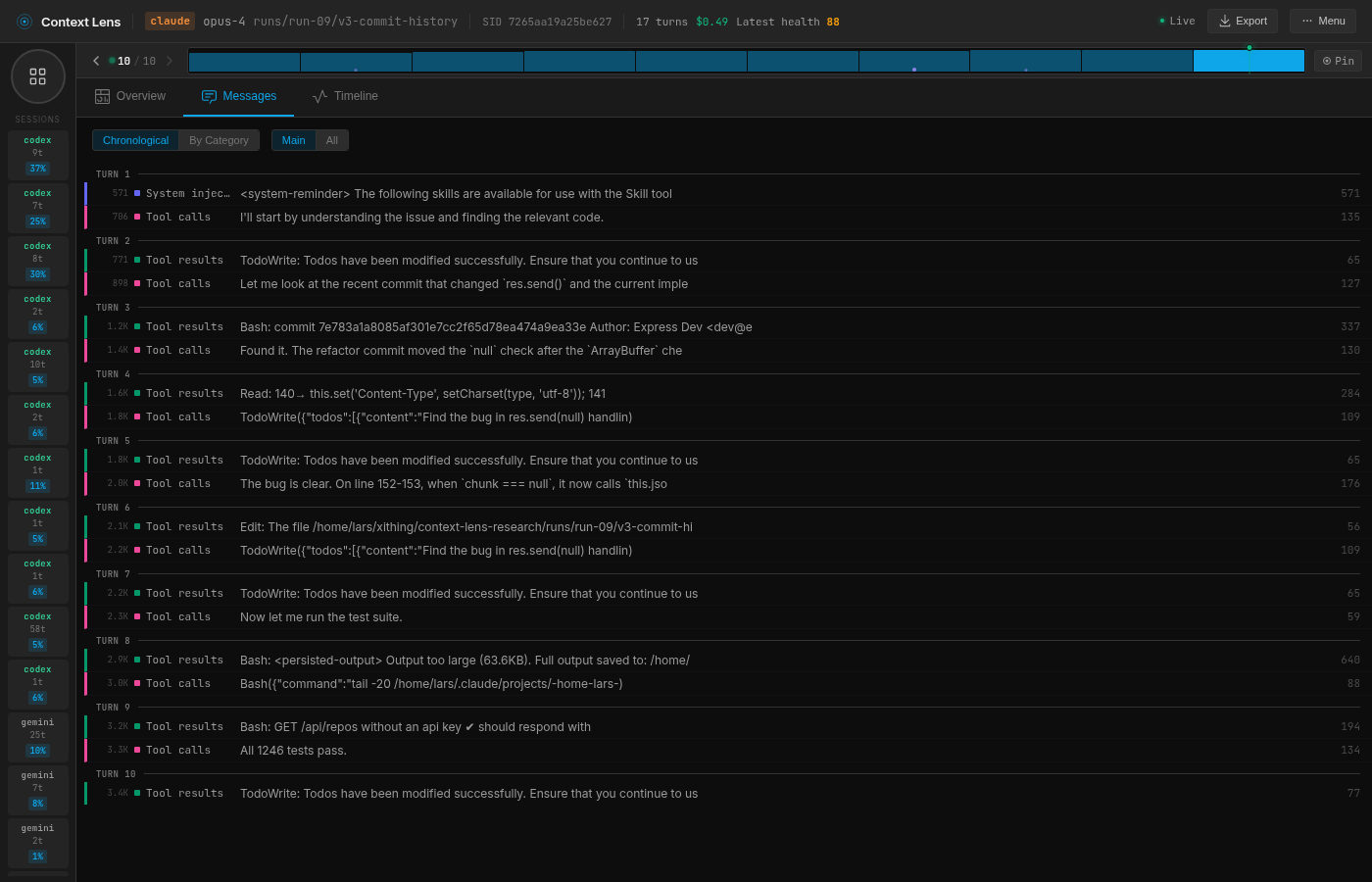 Opus message view: git log, git diff, read, fix, test