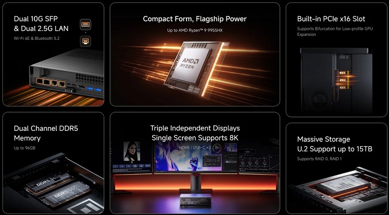 Мощь 16 ядер флагманского Ryzen 9 9955HX в корпусе объемом 1,7 литра. Представлен уникальный мини-сервер Minisforum MS-A2 &mdash; с портами 10G SFP+ и поддержкой U.2