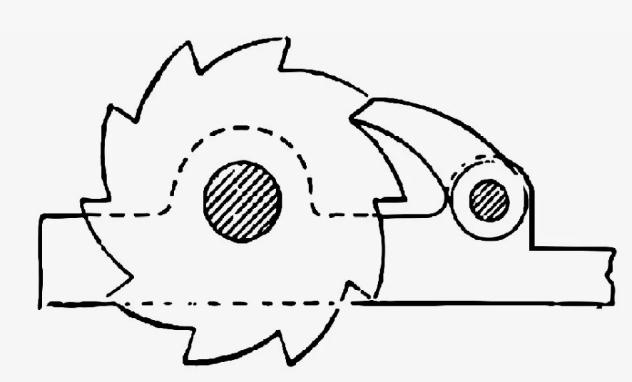 Схема храповика в механических часах, не позволяющая зубчатому механизму поворачиваться в обратную сторону.   