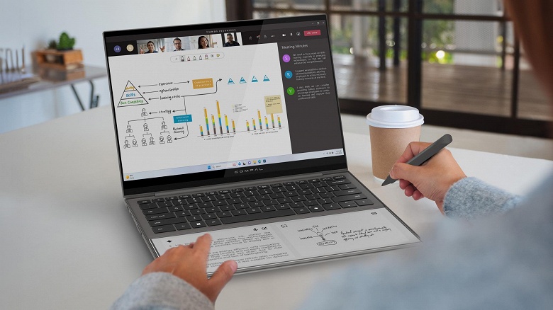 Таких ноутбуков мы ещё не видели. У Compal AI Book есть второй съёмный экран E Ink на месте тачпада, который можно смонтировать на крышку
