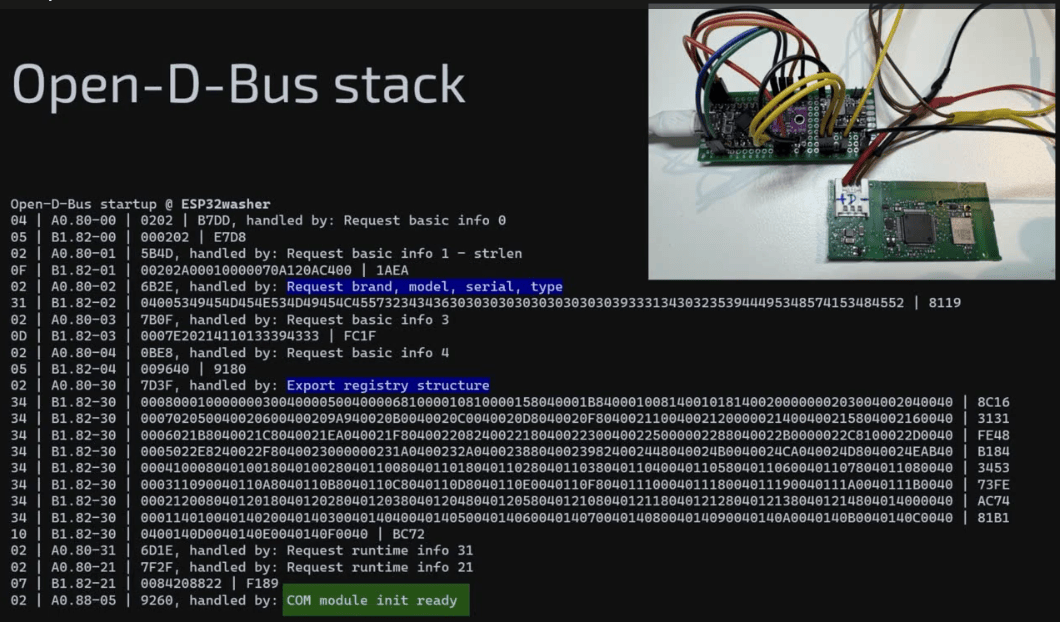 Рис. 24. Хендшейк коммуникационного модуля со стеком Open-D-Bus, имитирующего посудомоечную машину 